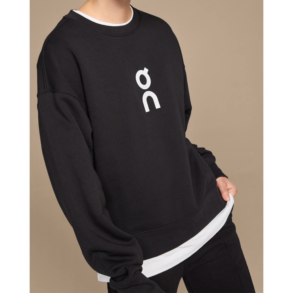 On Running Club Crew Sweatshirt Black with White Logo Print Pullover Womens XS